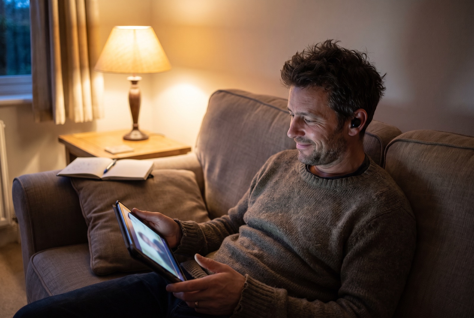 Ein Kunde sieht sich abends auf dem Sofa eine Lektion auf dem Tablet an